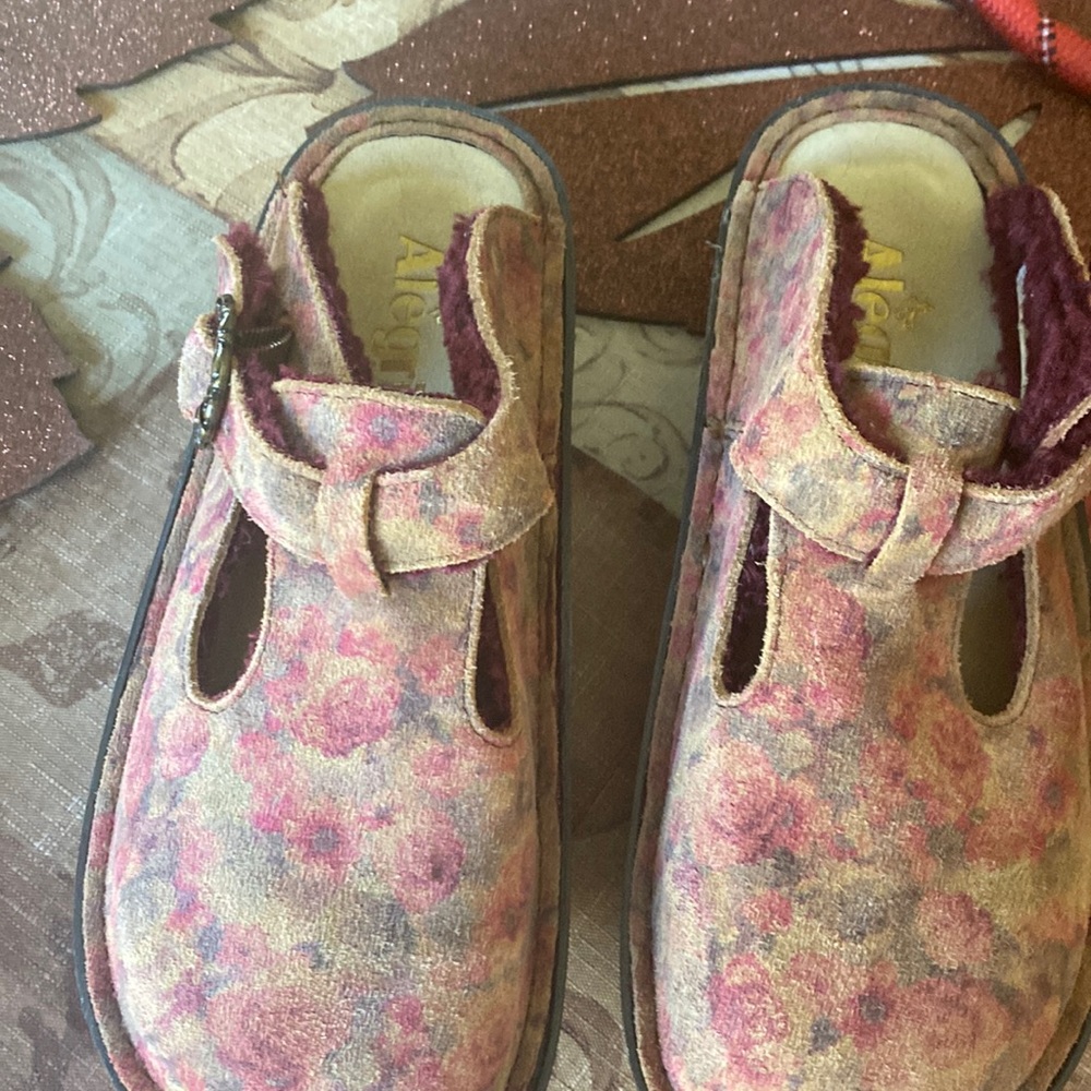 Alegria Floral bergundy floral clogs.  Worn maybe one time.